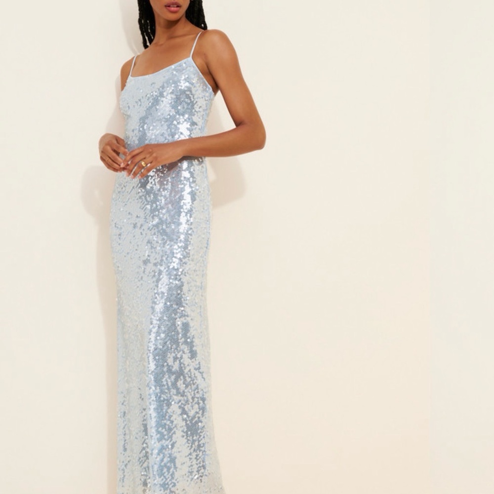 Rumored Ice Blue Sequin Maxi Slip Dress